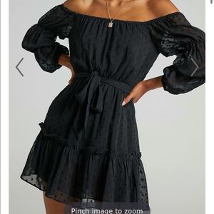 SHOWPO PARTY LIFE OFF SHOULDER MINI DRESS IN BLACK